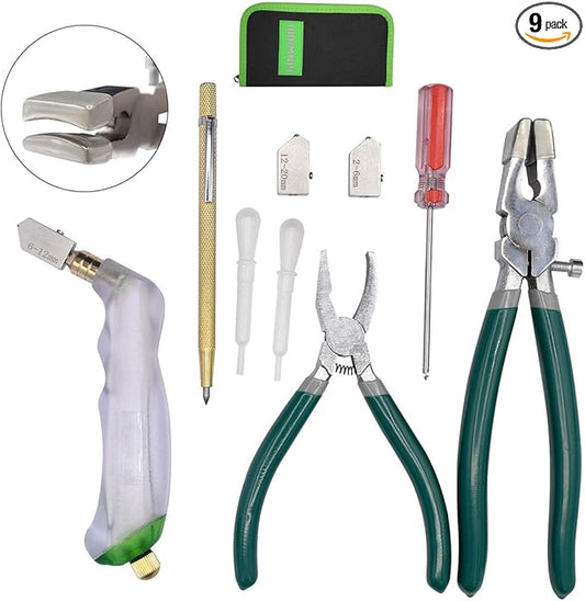 9Pcs Heavy Duty Glass Cutter Tool, Glass Cutting Kit, Glass Running Breaking Pliers, Breaker Grozer Pliers with Curved Jaws,Glass Cutters for Stained Glass, Mosaics, Fusing, Breaking