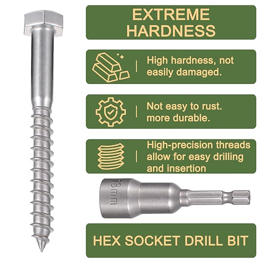 25 Pcs M8x3 Inch Heavy Duty Lag Screws 304 Stainless Steel 18-8 Lag Screws for Wood for Large Wooden Structures Flower Stands Outdoor Wooden Pavilion Brackets