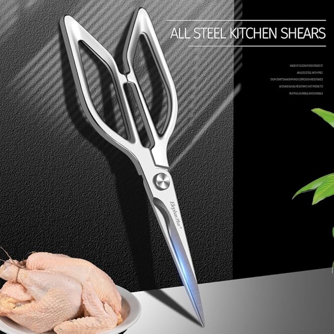 Silvery All Stainless Steel Food Scissors - Design Sense and Appearance - Food Cutter with Easy Clean Sharp Blade - Kitchen Scissors for Festive Gift with Gift Box