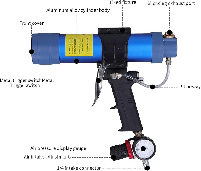 310ML 1/4in Caulk Gun, Cartridge Hand Air Caulking Gun Glass Glue Sealant Gun Cartridge Air Gun Pneumatic Caulking Gun Cartridge Extended Nozzle