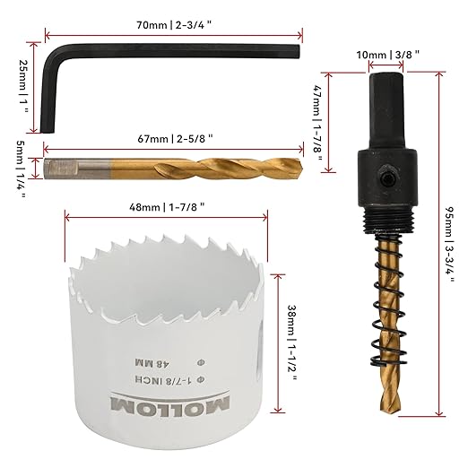 Mollom (48mm | 1-7/8") HSS M42 with 8% Cobalt BI-Metal Hole Saw with 2 Pilot Drill Bits & Arbor Smooth Cutting for PVC,Drywall,Wood,Plastic,Gypsum Board,Rubber