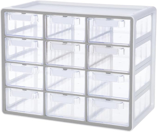 Blue Ginkgo Large 12-Drawer Cabinet ??Stackable Clear Organizer for Hardware, Beads, Plastic Bricks, Office, and Craft Storage (Made in Korea, Gray)