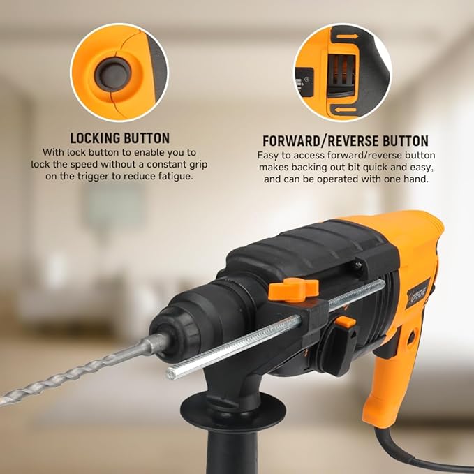 Hoteche 5.17 Amp SDS-Plus Rotary Hammer Drill, 4-Function 24mm (15/16") ??2.6J Impact Energy, 0??850 BPM, Variable Speed ??6 Drill Bits, 2 Chisels, UL Plug, Carrying Case ??For Concrete, Wood, Steel