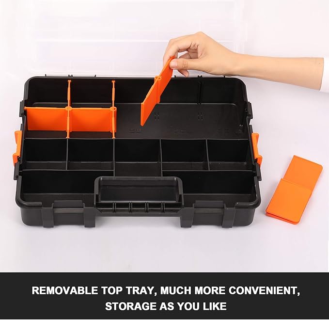 Makitoyo Tool Box Organizers, Interlocking Black Small Parts Organizer for Fasteners, Parts and Crafts w/Removable Dividers, 2 Pieces Pack, Black & Orange,15?쒵횞11.6?쓂횞2.6?쒱