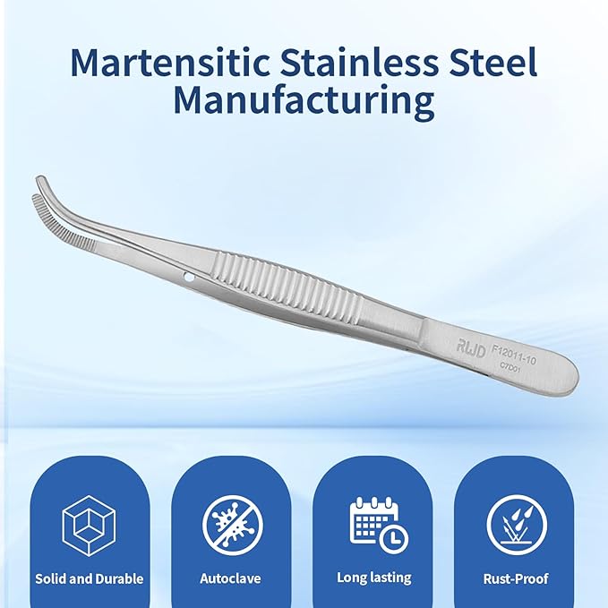 RWD Dressing Forceps 4.1", Martensitic Stainless Steel Medical Tweezers, 1.9mm Width Serrated Curved Tip, Micro Forceps Tweezer, Surgical Tweezer for High-Precision Handling (F12011-10)