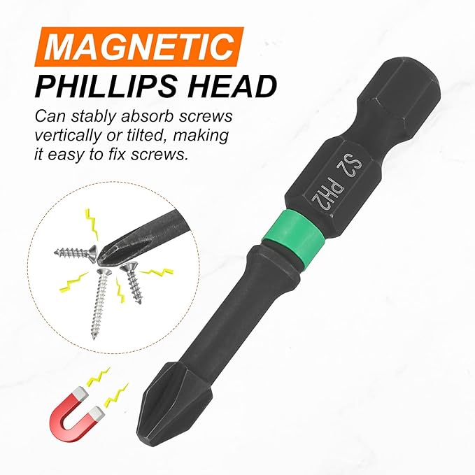 HARFINGTON 5pcs #2 Impact Phillips Screwdriver Bit PH2 1/4" Hex Shank 2" (50mm) Length 0.17" Rod Magnetic Cross Head Drill Bits S2 Steel Industrial Screw Drivers for Impact Power Tools