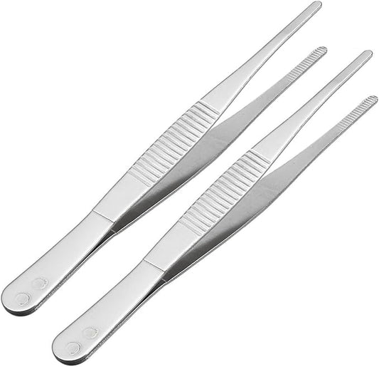 uxcell 2 Pcs Stainless Steel Straight Blunt Tweezers Serrated Tip, 5 Inch