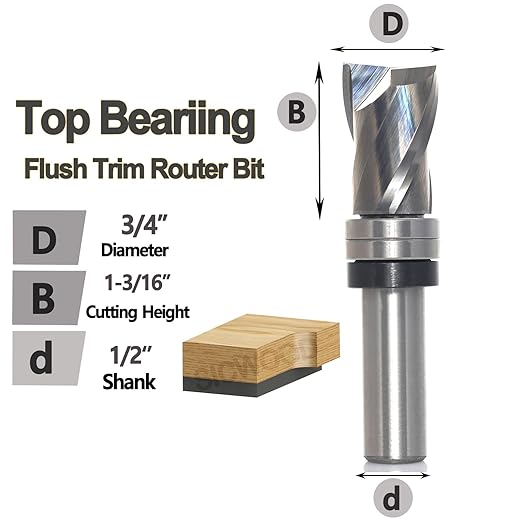 Top Bearing Flush Trim Router Bit 1/2 Inch Shank - Up-Cut 3/4" Cutting Dia, 1- 3/16" Cut Height, Carbide Spiral Pattern Template Flush Cut Router Bit, for Wood Trimming