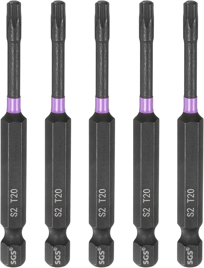 HARFINGTON 5pcs T20 Torx Head Impact Screwdriver Bits 1/4" Hex Shank 3" (75mm) Long Magnetic No Hole Tamper Proof 6 Point Star Screw Driver Drill Bits Phosphate S2 Steel Power Tools