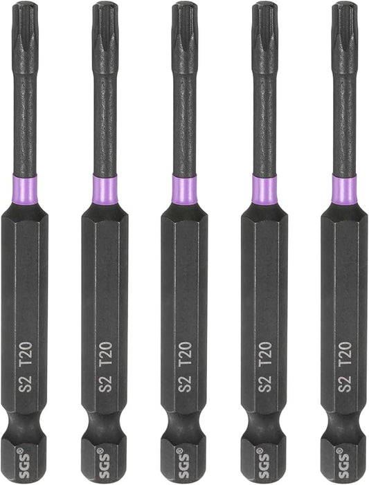 HARFINGTON 5pcs T20 Torx Head Impact Screwdriver Bits 1/4" Hex Shank 3" (75mm) Long Magnetic No Hole Tamper Proof 6 Point Star Screw Driver Drill Bits Phosphate S2 Steel Power Tools