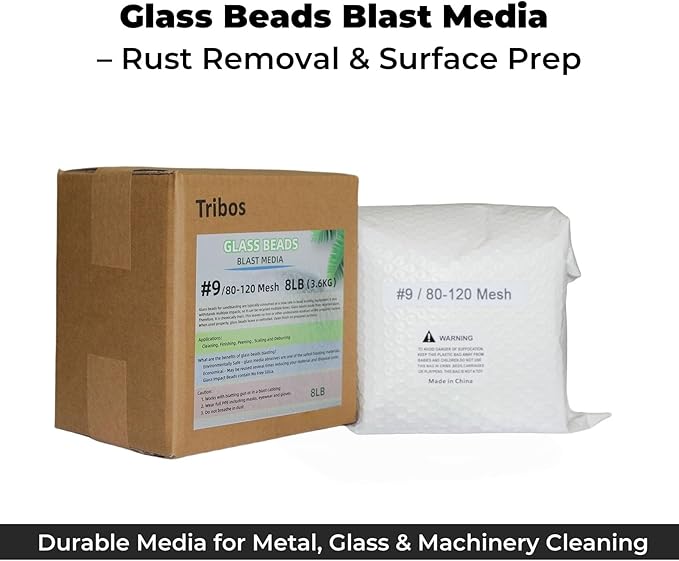 Glass Bead Media for Sandblasting ??8LB Non-Silica Reusable Blasting Abrasive for Rust Removal & Surface Finishing ??Multiple Mesh Options (# 9 (80~120Mesh))
