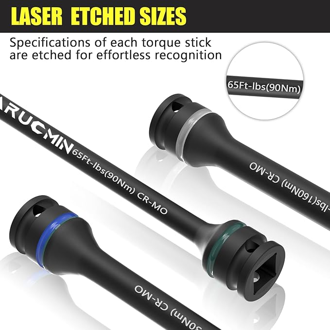 1/2" Drive Torque Limiting Extension Bar Set, 10-Piece Lug Nut Torque Stick Set With 8 Inch Color-Coded 65 to 150 Ft-Lbs Torque Sticks