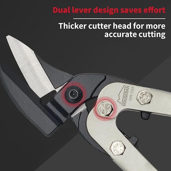 Tin Snips, 10 Inch Aviation Snips, Left Cut, Heavy Duty Sheet Metal Cutter with Safety Lock and Non-slip Handle, CR-V Steel Sharp Teeth, Metal Shears Scissors for Cutting Metal Sheet