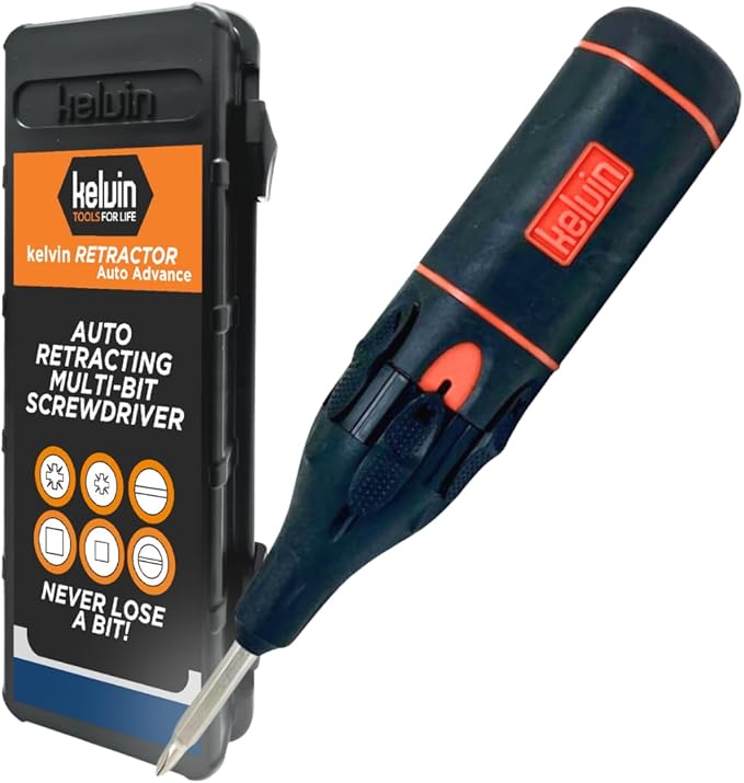 Kelvin Tools Retractor Auto Advance ??Automatic All-in-One Screwdriver, Multi-Head Autoloader 6-in-1 Bit Driver, Versatile Tool, Made in Canada (Navy/Grey)
