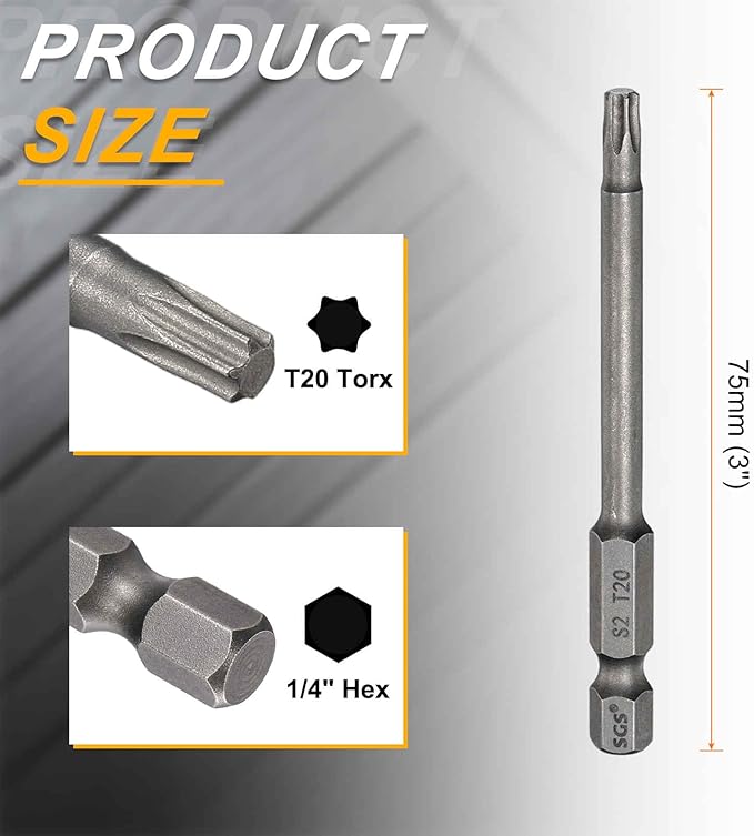 HARFINGTON 2pcs T20 Torx Head Screwdriver Bit 1/4" Hex Shank 3" (75mm) Long Magnetic No Hole Tip Tamper Proof 6 Point Star Screw Driver Drill Bits S2 Steel Industrial Power Screwdrivers