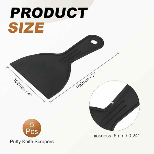 HARFINGTON 5pcs Putty Knife Scraper 4" Width Flexible Plastic Putty Knife Paint Scraper Tool for Taping Drywall Spreading Painting Wall Scratching Black