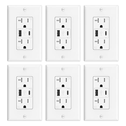 ThunderWay USB C Wall Outlet, 20 Amp Power Outlet with USB C Ports, 21W Electrical Outlets Receptacles with Fast Charging Ports, Tamper Resistant, Wall Plate Included, ETL Listed, White, 6 Pack