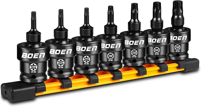 boen 3/8" Drive Universal Torx Bit Socket Set, 7-Piece SAE Impact Swivel Star Bit Sockets, 360째 Rotation Flexible Wobble Torx Bit Driver Socket Set, With Storage Rail, CR-MO Steel