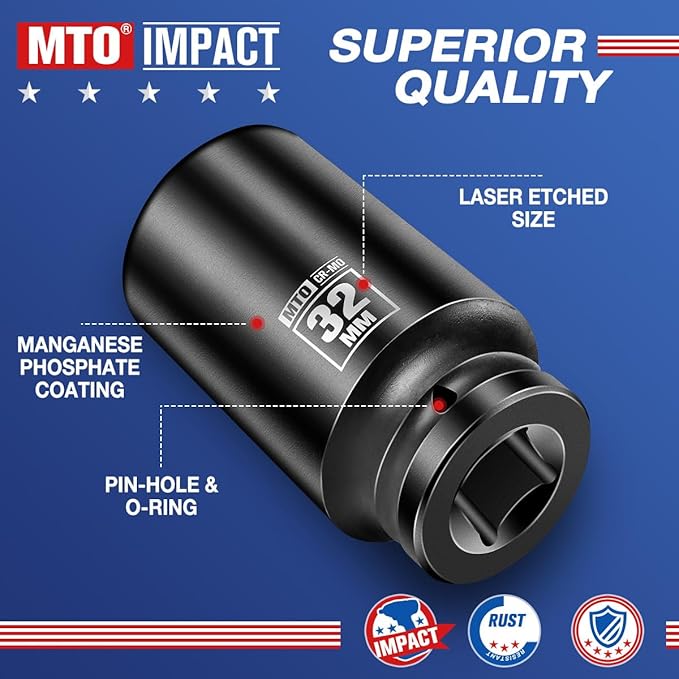 MTO 1/2" Drive 32mm Deep Impact Socket, 6 Pt. Metric Socket, CR-MO Steel & Anti-Corrosion Coating for Heavy-Duty Use