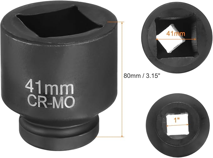 HARFINGTON 4 Point Square Socket 1" Drive 41mm Metric Square Impact Socket CR-MO Blackening Standard Wheel Sleeve Pneumatic Sleeve Tool for Auto Repair Mechanical Maintenance Home Use