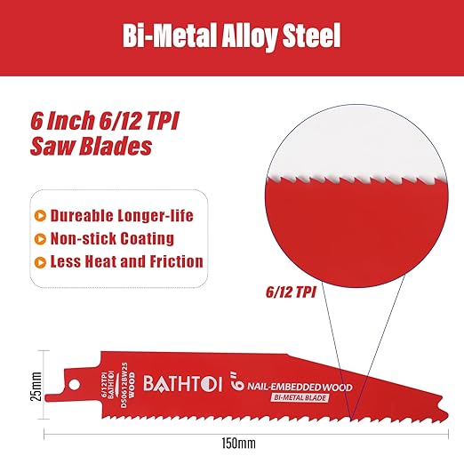 25 Pack 6 Inch 6/12 Tpi Reciprocating Saw Blades for Wood and Nail-Embedded Wood Cutting, Bi-Metal Sawzall Blades with 8% Cobalt for Longer Life and Faster Cutting Speed