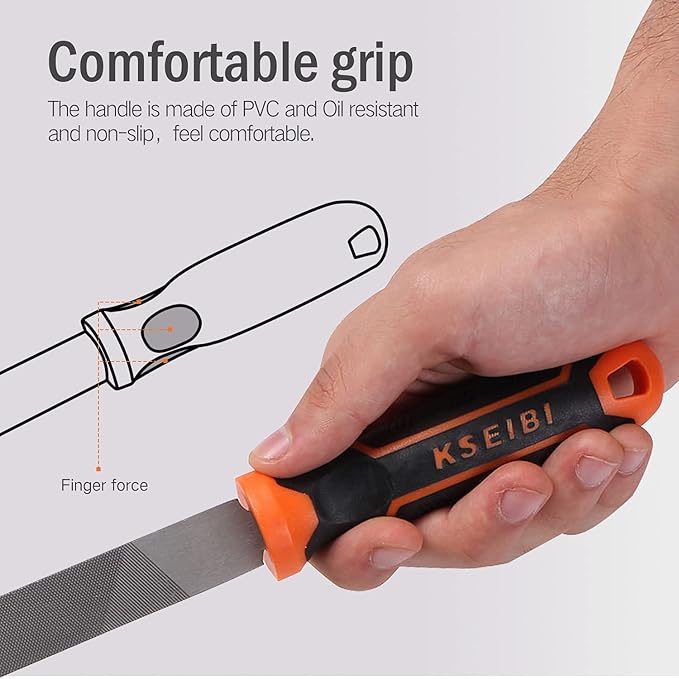 KSEIBI 311485 Metal File Set with High-Carbon Steel Blades - Ergonomic Soft-Grip Handles, 8-Inch Files in Flat, Round, and Half-Round Shapes for Wood and Metal Work