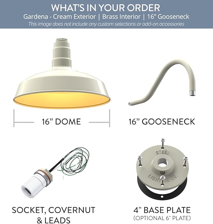 Steel Lighting Co. | Dusk to Dawn | Gardena Barn Light | Outdoor Wall Mounted | 16" Dome | 16" Gooseneck | Farmhouse Light Made in America | Cream/Brass