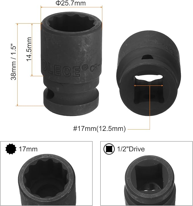 uxcell 1/2" Drive x 17mm Shallow Impact Socket 12-Point Metric CR-MO Steel Nut Impact Grade Socket for Auto Repair