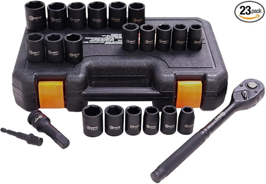 1/2" Drive Impact Socket Set, 23-Piece Metric (13??4mm), 6-Point Cr-V Alloy Steel, with Ratchet Handle & Storage Case ??Rugged Construction for Auto Repair