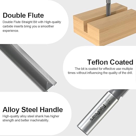 FivePears Straight Router Bits 1/2 Inch Shank Double Flute, 1/2 Inch Cutting Diameter, 2-1/2 Inch Cutting Length, Used for Create Groove, Dado or Hollow