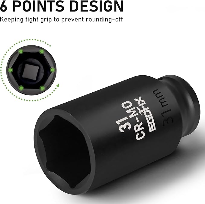 31mm Socket 1/2" Drive Deep Impact Metric Socket,CR-MO 6 Point for Easy Removal of Axle Nut