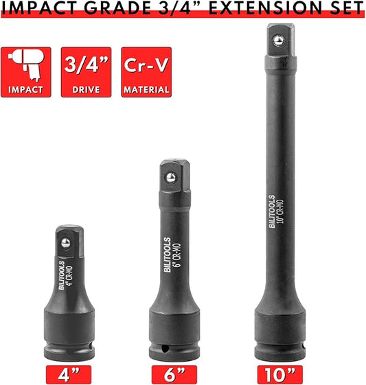 BILITOOLS 3/4" Drive Impact Extension Set 4", 6", 10" CR-MO Steel Socket Ratchet Wrench Extension Bar Set