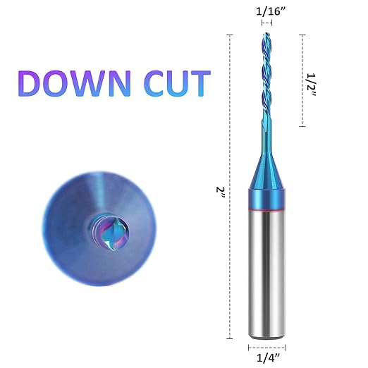 HQMaster Spiral Router Bit Downcut 1/4 Inch Shank Solid Carbide CNC Router Bit with Nano Blue Coating CNC Bits End Mill for Woodwork Mortise Slot Trim