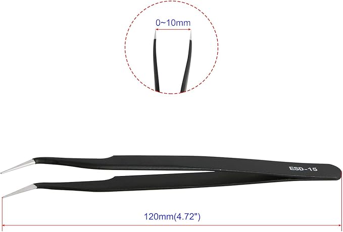 Aoje-Link ESD-15 Professional Anti-Static Precision Technology Tweezers, Non-magnetic Fine Tip Curved, Stainless Steel Plastic Coated, Full Length 120mm, Black, 2pcs