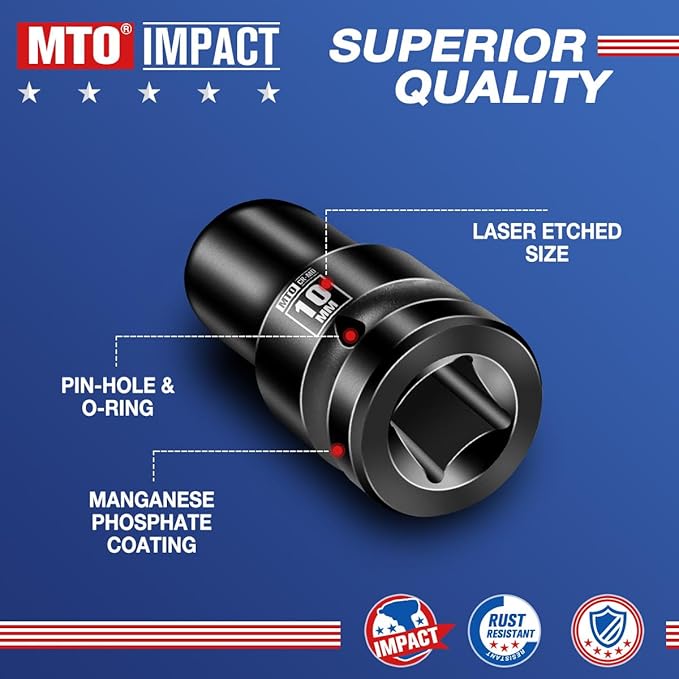 MTO 1/2" Drive 10mm Shallow Impact Socket, 6-Point Metric Socket, CR-MO Steel & Anti-Corrosion Coating for Tight Spaces and Heavy-Duty Tasks
