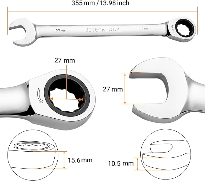 Jetech 27mm Ratcheting Combination Wrench, Industrial Grade Gear Spanner with 12-Point 72-Tooth Ratchet, Forged and Heat-Treated Cr-V Steel, Metric