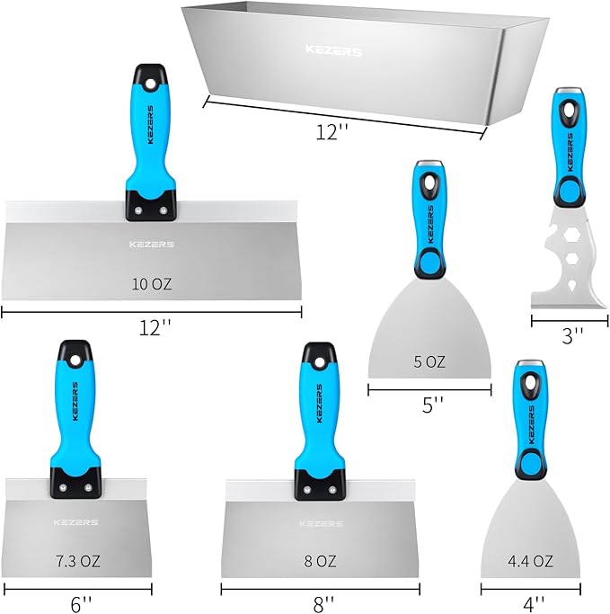 KEZERS Drywall Hand Tool Kit, 7 Pieces 3" 4" 5" 6" 8" 12" Stainless Steel Drywall Knife with Metal Hammer End, includes Putty Knife, Taping Knife, and 12" Mud Pan with Ergonomic Grip for Drywall Work