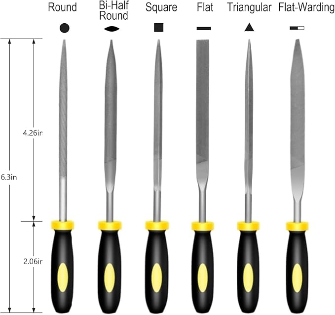 Mini Hand Files, 6pcs, Total 6.3in, Strength Alloy Steel Needle File Set, Small Metal File Tools for Detailed Tasks, Includes Round, Bi-Half Round, Flat, Square, Flat Warding, Triangular