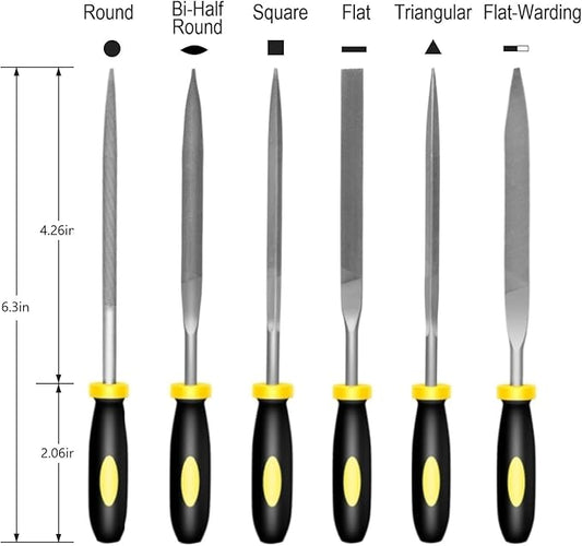 Mini Hand Files, 6pcs, Total 6.3in, Strength Alloy Steel Needle File Set, Small Metal File Tools for Detailed Tasks, Includes Round, Bi-Half Round, Flat, Square, Flat Warding, Triangular