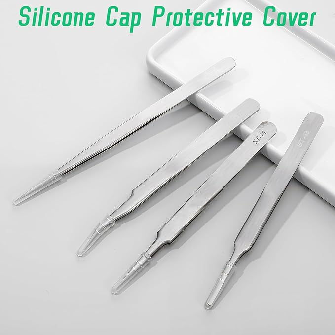 4PCS Precision Tweezers Set, Professional Pointed Long Bent Stainless Steel Tweezers for Craft, Soldering, Model, Jewelry Tools