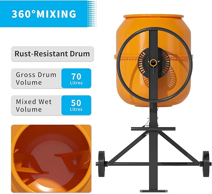 2.5 Cu.Ft. Concrete Mixer, Heavy Duty Portable Concrete Mixer with Wheel & Stand, Electric Cement Mixer Machine with 70L Drum, 120V Motor for Concrete, Mortar,Seeds, and Feed,Orange.