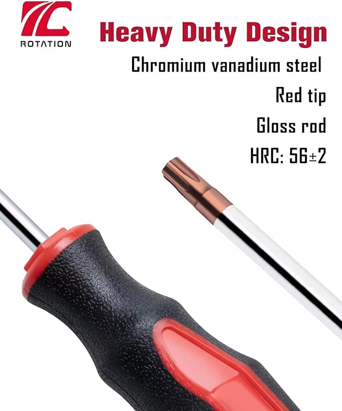 ROTATION 8PCS Magnetic Tip Torx Screwdriver Set, 8 Torx Star Screwdrivers, T8, T10, T15, T20, T25, T27, T30, T40 Red Tip | Red, Gloss, S2 Steel