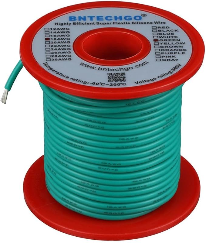 BNTECHGO 18 Gauge Silicone Wire Spool 100 ft Green Flexible 18 AWG Stranded Tinned Copper Wire