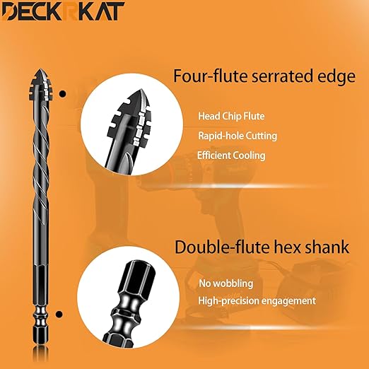 DECKRKAT Upgraded 10-Pack 3/16 Inch Black 4-Flute Serrated Masonry Drill Bits - Concrete, Tile, Glass, Brick, Ceramic, Plastic, Wood