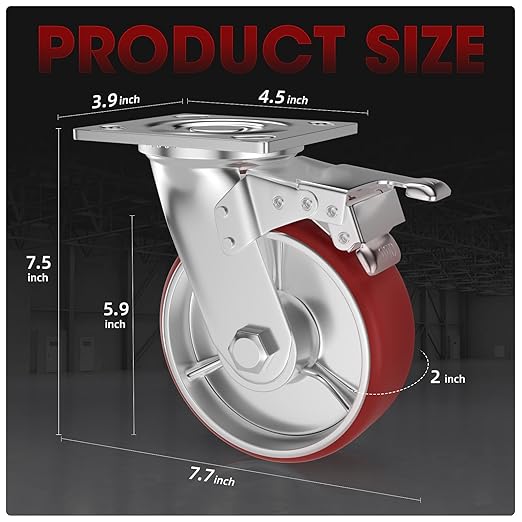 Casters Set of 4 Heavy Duty 6 inch Caster Wheels - ASRINIEY Locking Casters with No Noise Polyurethane on Steel Wheels, Swivel Plate Caster with Brake for Toolbox Workbench, 5000 lbs Total Capacity