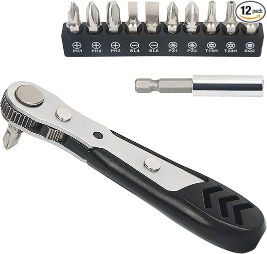 STREBITO Mini Ratchet Set 12-Piece 1/4 Right Angle Screwdriver Set - Small Ratcheting Wrench 90 Degree Offset High Torque Low Profile for Tight Spaces