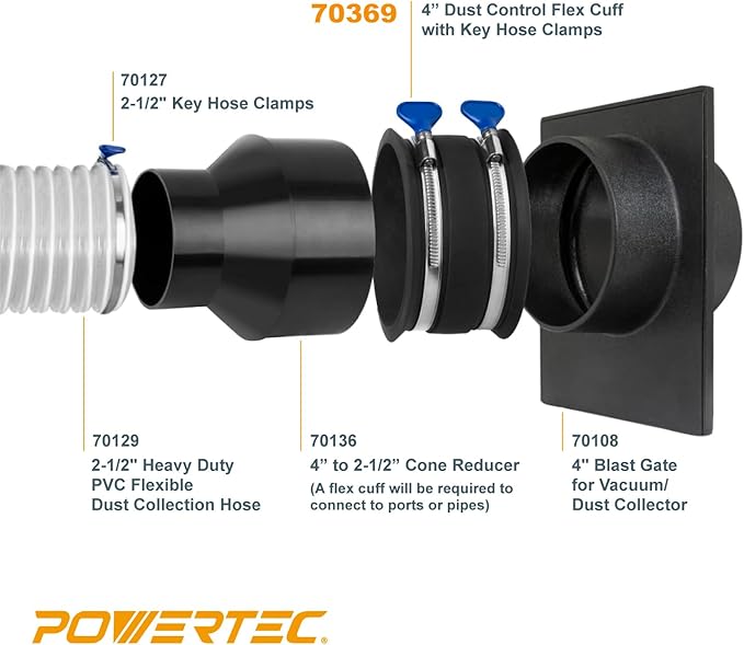 POWERTEC 70369 4 Inch Dust Control Flex Cuff with Adjustable Key Hose Clamps, Hose Connector Rubber Cuff Coupler for Woodworking Dust Collection Fittings, Dust Collector Accessories & Machinery, 1pk