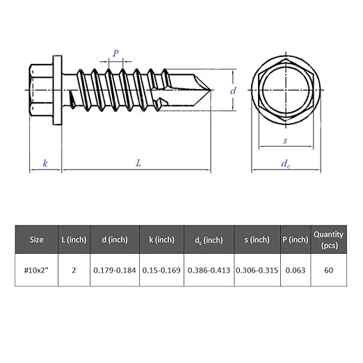 60Pcs #10 x 2 Self Drilling Screws for Metal,410 Stainless Steel Black Zinc Plated,Self Tapping Sheet Metal Screws,Hex Washer Head