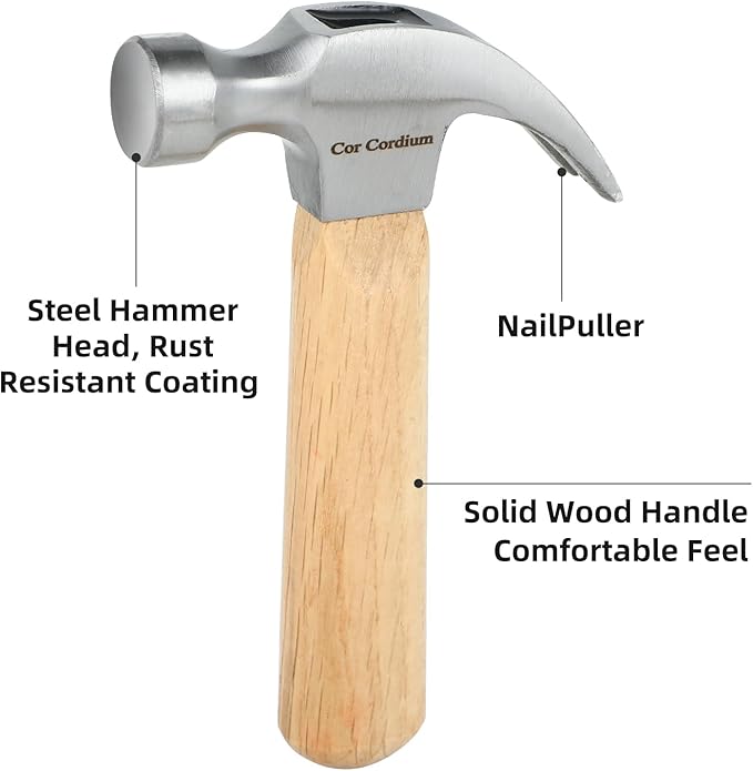 Claw Hammer With Wood Handle and Steel Head, 8 OZ Small Hammer for House & DIY