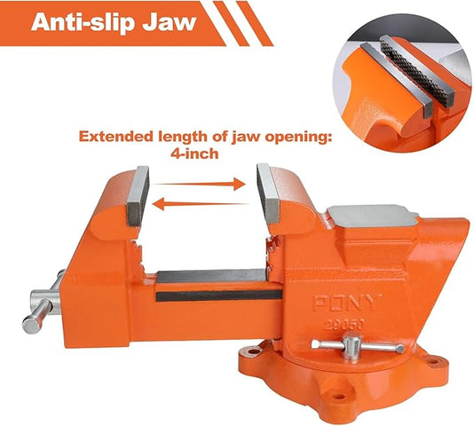 PONY Heavy Duty Bench Vise, 5-inch Jaw Width 4-inch Opening, Swivel Base With Anvil, Utility Combination Pipe Home Vise for Woodworking, One-Pair Jaw Pad Included